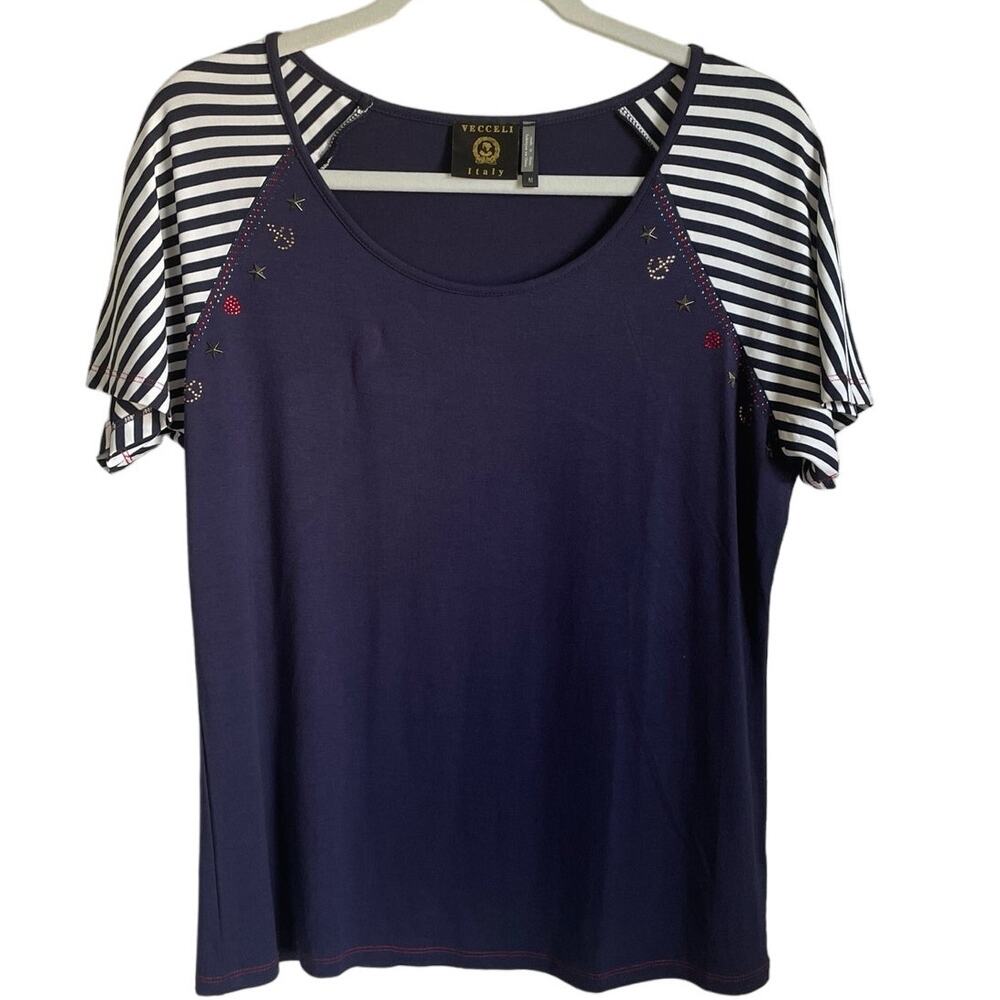 Vecceli Italy Top Sz M Short Sleeve Navy Striped Nautical Sequins Embellished